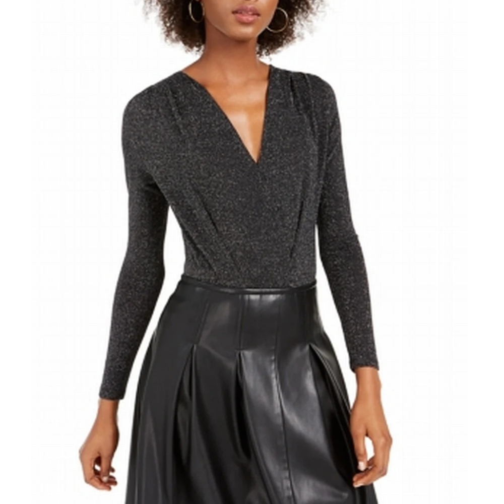 KIT + SKY WOMEN'S BLOUSE METALLIC BLACK SIZE SMALL S V- NECK BODYSUIT